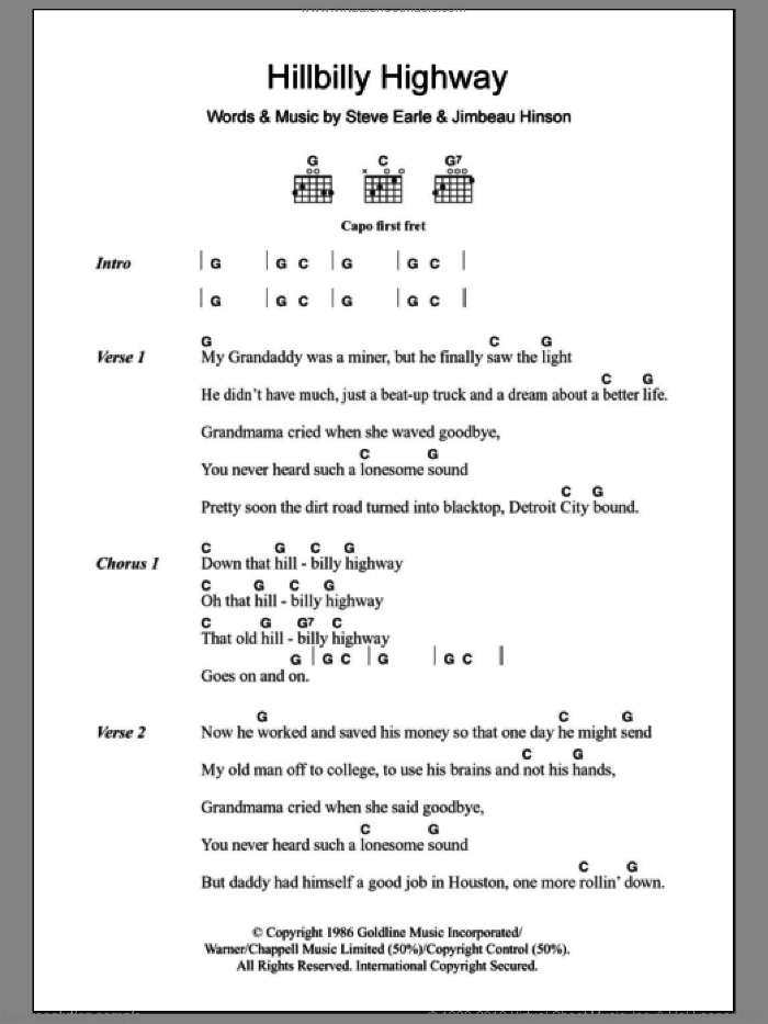 Hillbilly Highway sheet music for guitar (chords) by Steve Earle and Jimbeau Hinson, intermediate skill level