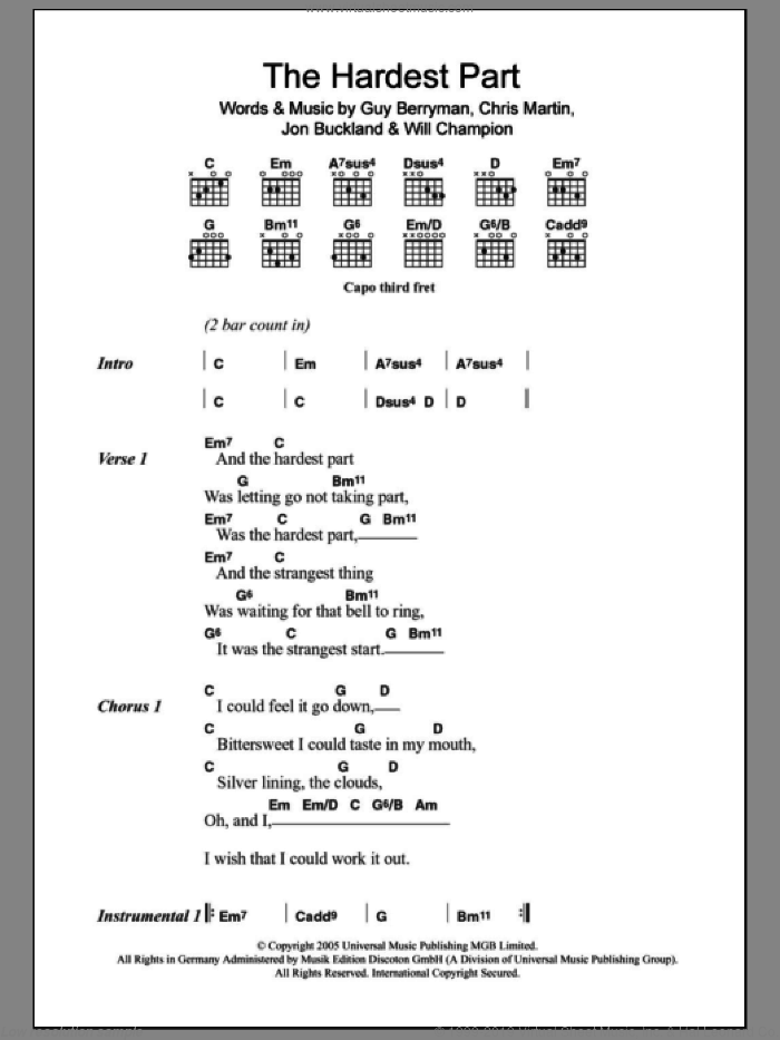The Hardest Part sheet music for guitar (chords) by Coldplay, Chris Martin, Guy Berryman, Jon Buckland and Will Champion, intermediate skill level