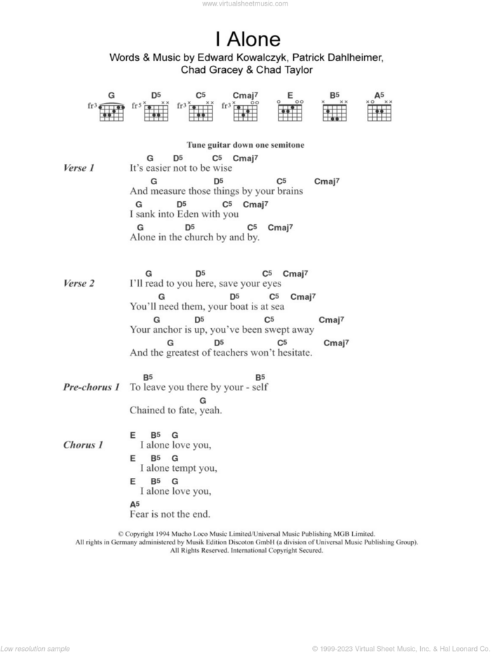 I Alone sheet music for guitar (chords) by Live, Chad Gracey, Chad Taylor, Edward Kowalczyk and Patrick Dahlheimer, intermediate skill level