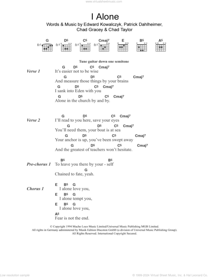 I Alone sheet music for guitar (chords) by Live, Chad Gracey, Chad Taylor, Edward Kowalczyk and Patrick Dahlheimer, intermediate skill level