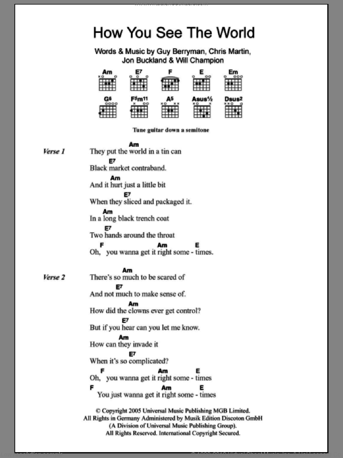 How You See The World sheet music for guitar (chords) by Coldplay, Chris Martin, Guy Berryman, Jon Buckland and Will Champion, intermediate skill level