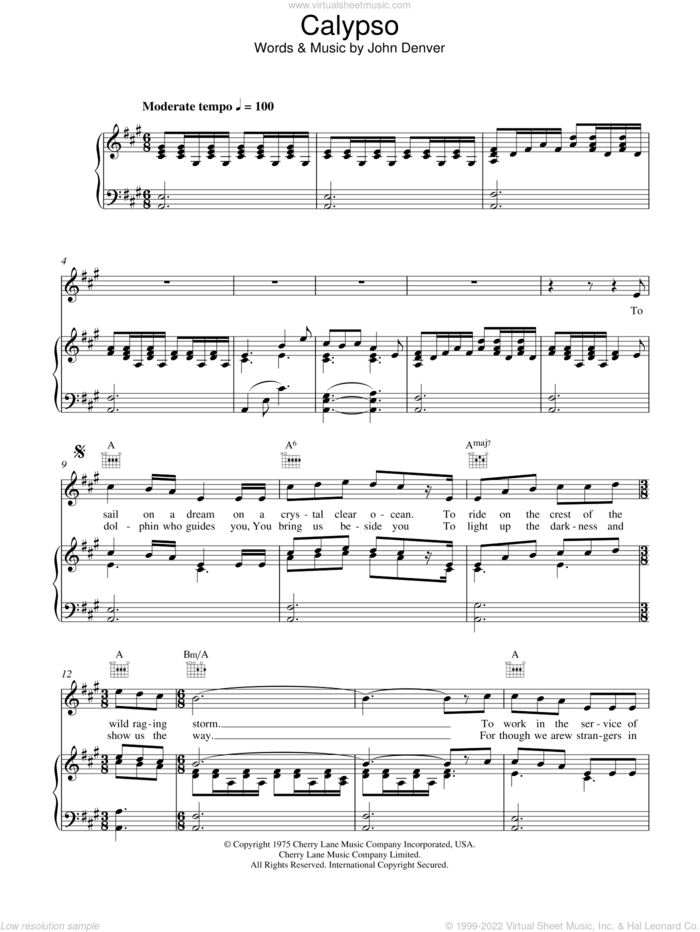 Calypso sheet music for voice, piano or guitar by John Denver, intermediate skill level