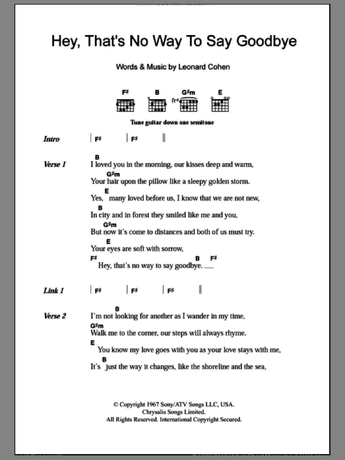 Hey, That's No Way To Say Goodbye sheet music for guitar (chords) by Leonard Cohen, intermediate skill level