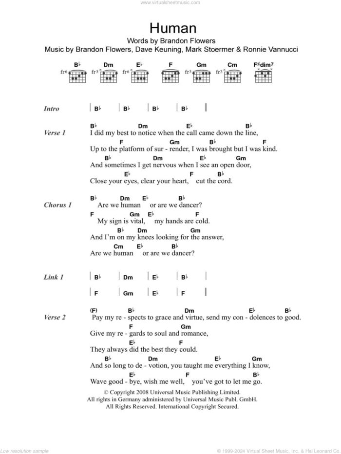 Human sheet music for guitar (chords) by The Killers, Brandon Flowers, Dave Keuning, Mark Stoermer and Ronnie Vannucci, intermediate skill level