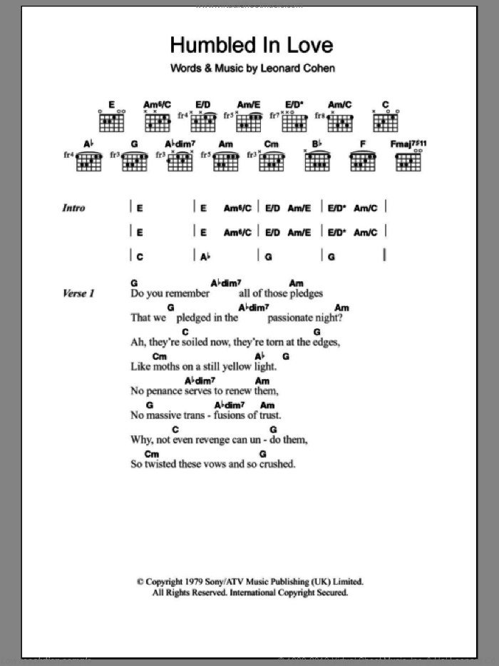 Humbled In Love sheet music for guitar (chords) by Leonard Cohen, intermediate skill level