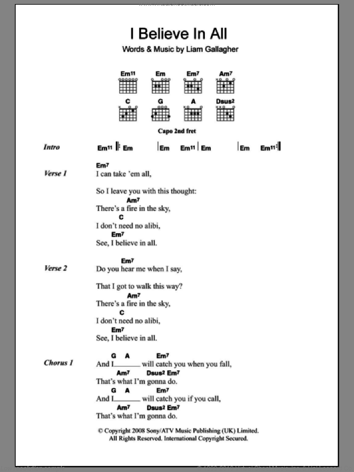 I Believe In All sheet music for guitar (chords) by Oasis and Liam Gallagher, intermediate skill level