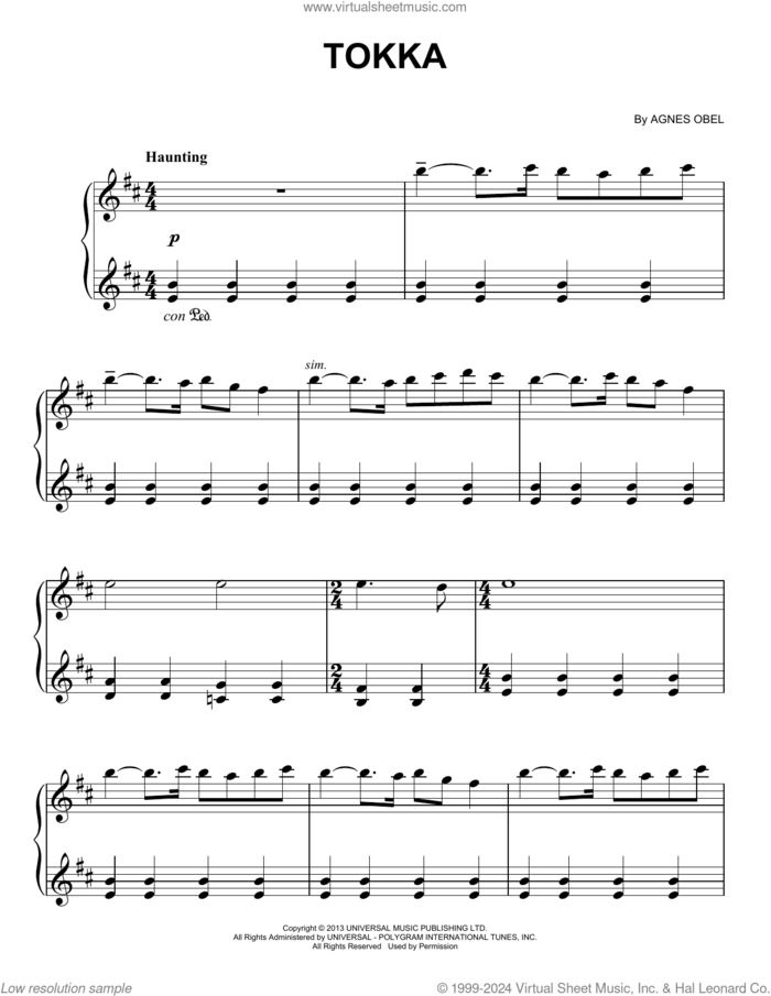 Tokka, (easy) sheet music for piano solo by Agnes Obel, easy skill level