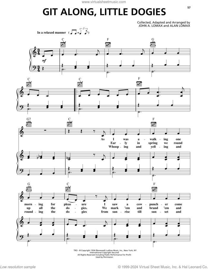 Git Along, Little Dogies sheet music for voice, piano or guitar by John A. Lomax, intermediate skill level