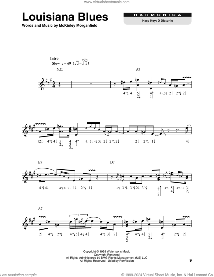 Louisiana Blues sheet music for harmonica solo by Muddy Waters and McKinley Morganfield, intermediate skill level