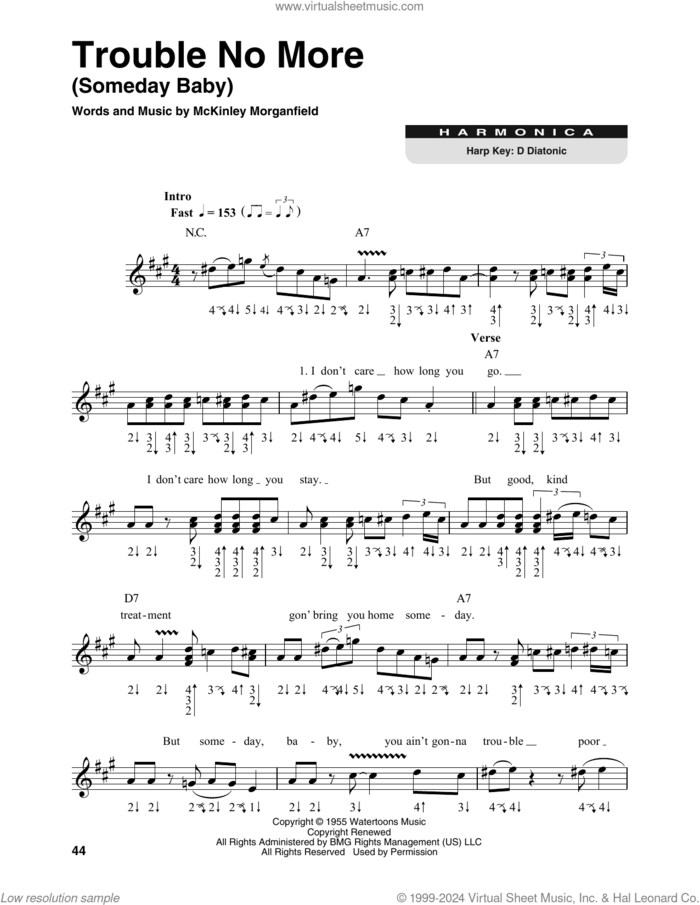 Trouble No More (Someday Baby) sheet music for harmonica solo by Muddy Waters and McKinley Morganfield, intermediate skill level