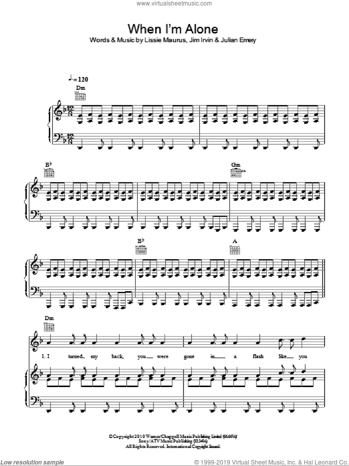 When I'm Alone sheet music for voice, piano or guitar by Lissie, Jim Irvin, Julian Emery and Lissie Maurus, intermediate skill level