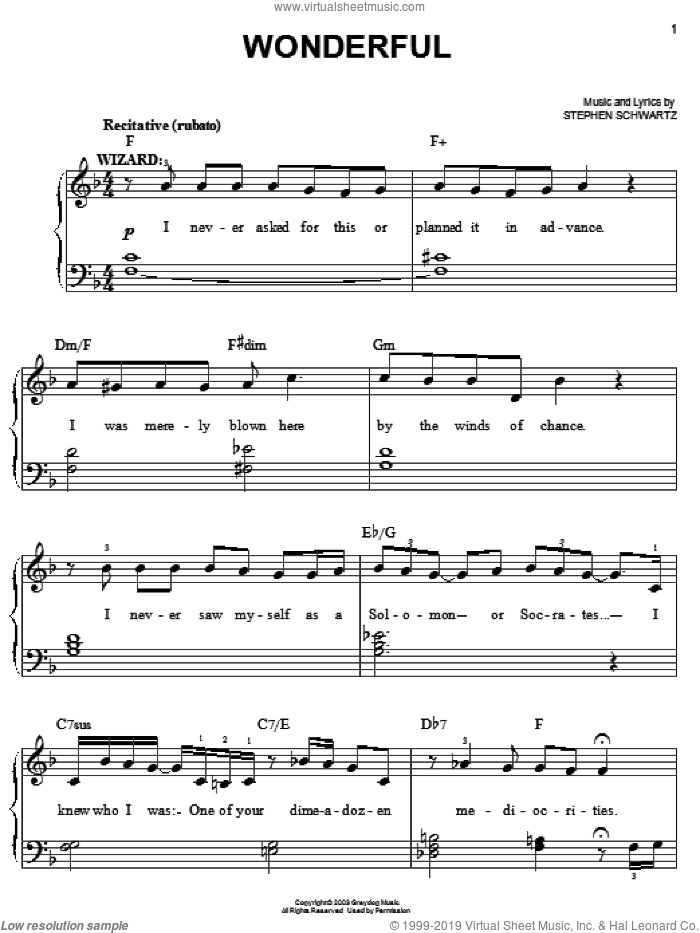 Wonderful (from Wicked) sheet music for piano solo by Stephen Schwartz and Wicked (Musical), easy skill level