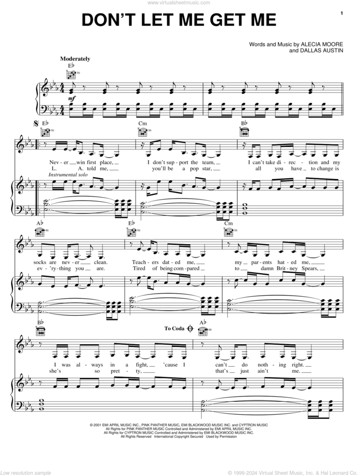 Don't Let Me Get Me sheet music for voice, piano or guitar , P!nk, Alecia Moore and Dallas Austin, intermediate skill level