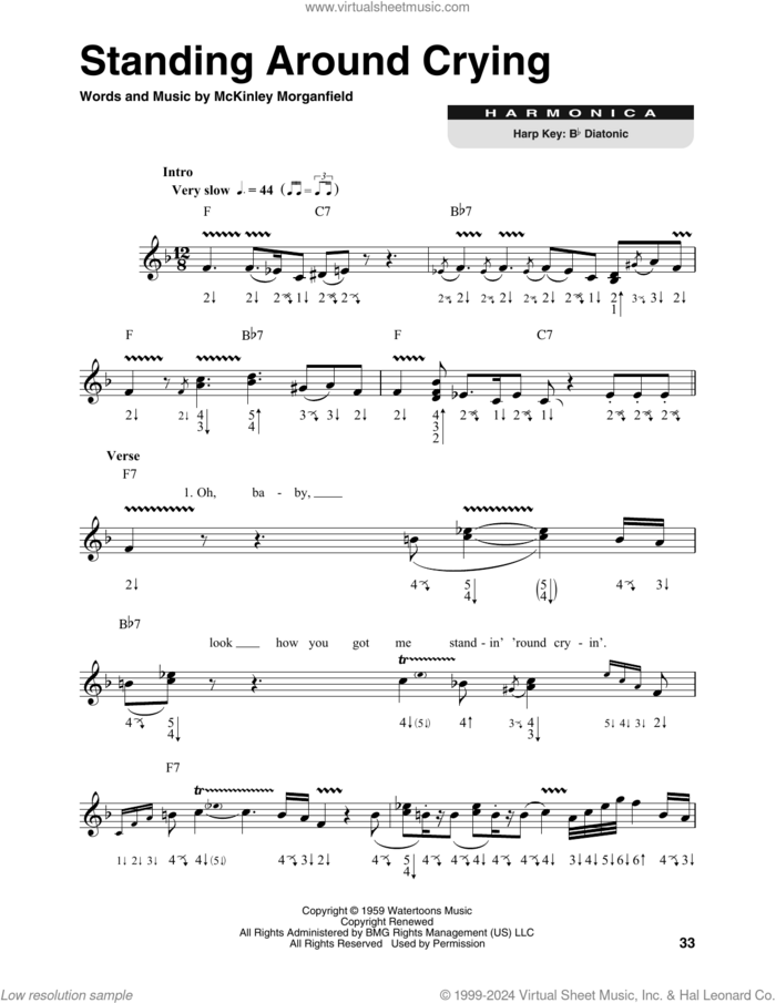 Standing Around Crying sheet music for harmonica solo by Muddy Waters and McKinley Morganfield, intermediate skill level