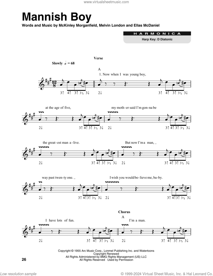 Mannish Boy sheet music for harmonica solo by Muddy Waters, Jimi Hendrix, Ellas McDaniels, McKinley Morganfield and Melvin London, intermediate skill level