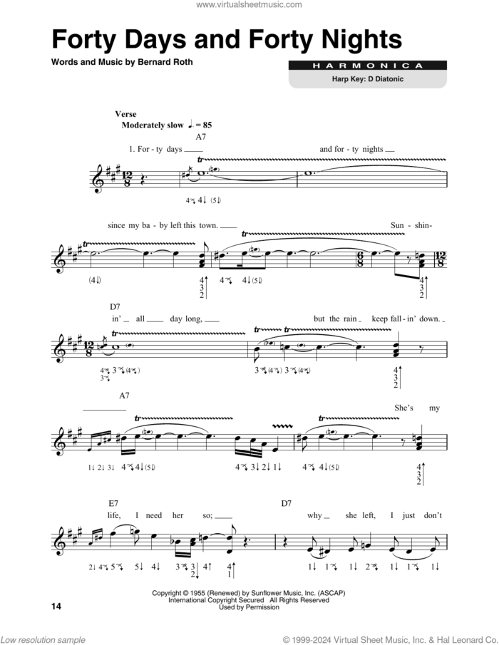 Forty Days And Forty Nights sheet music for harmonica solo by Muddy Waters and Bernard Roth, intermediate skill level