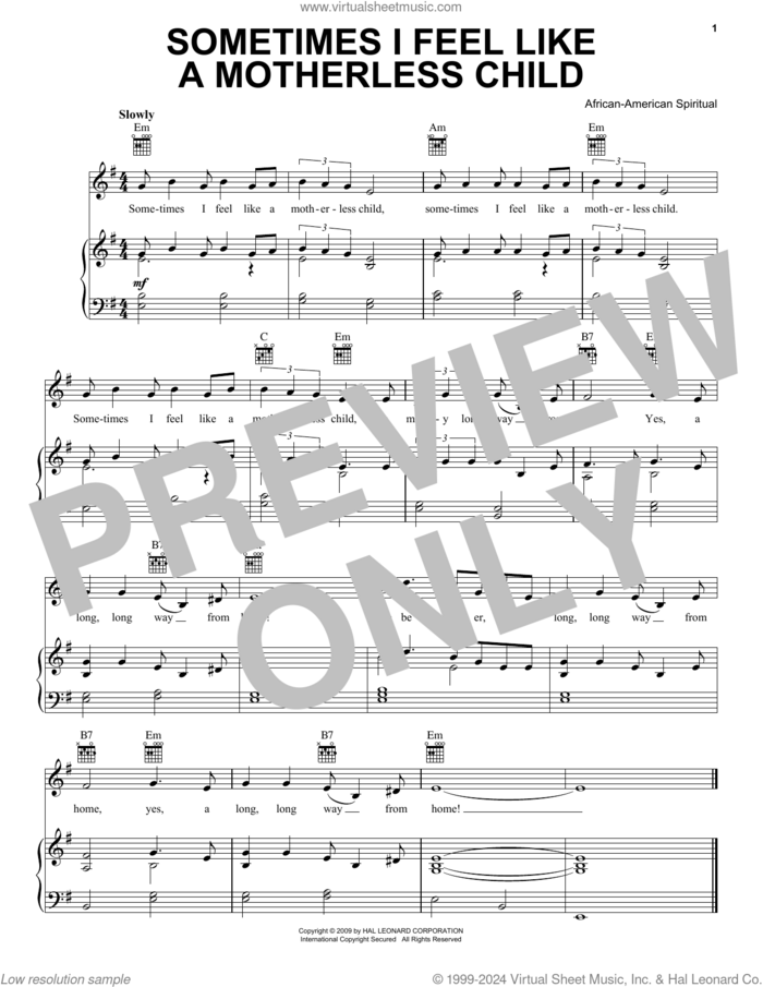 Sometimes I Feel Like A Motherless Child sheet music for voice, piano or guitar, intermediate skill level