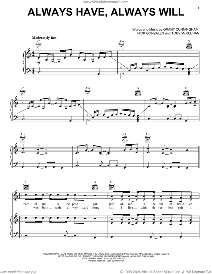 Always Have, Always Will sheet music for voice, piano or guitar by Avalon, Grant Cunningham, Nick Gonzales and Toby McKeehan, intermediate skill level