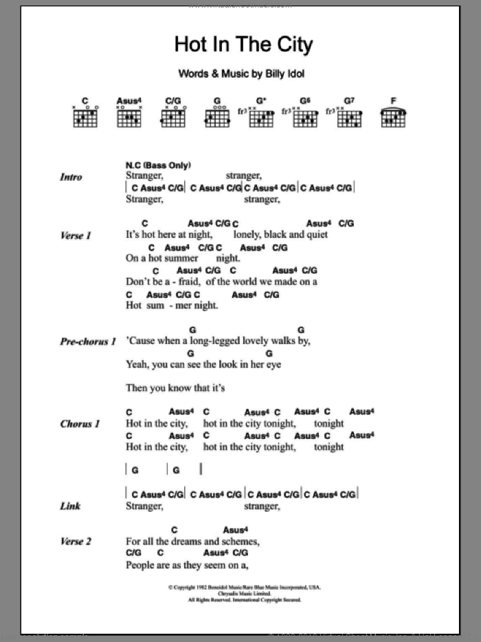 Hot In The City sheet music for guitar (chords) by Billy Idol, intermediate skill level