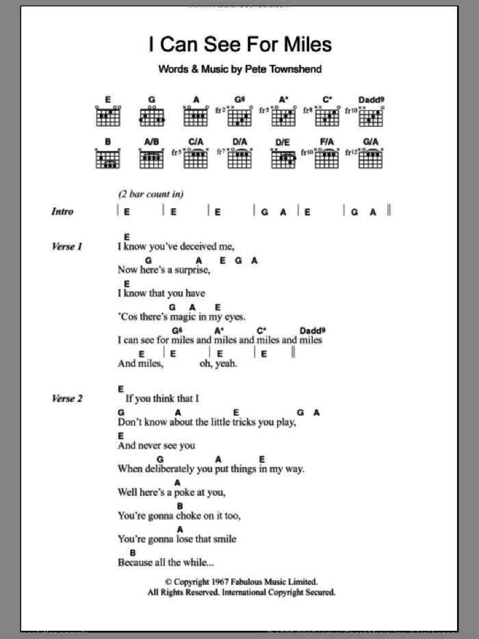 I Can See For Miles sheet music for guitar (chords) by The Who and Pete Townshend, intermediate skill level