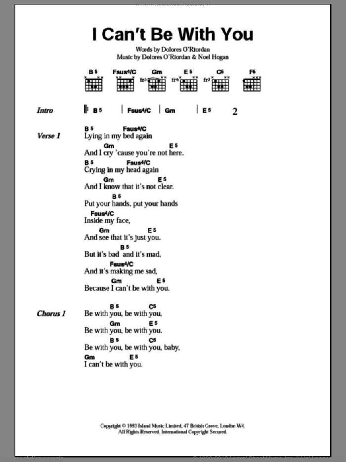 I Can't Be With You sheet music for guitar (chords) by The Cranberries and Noel Hogan, intermediate skill level