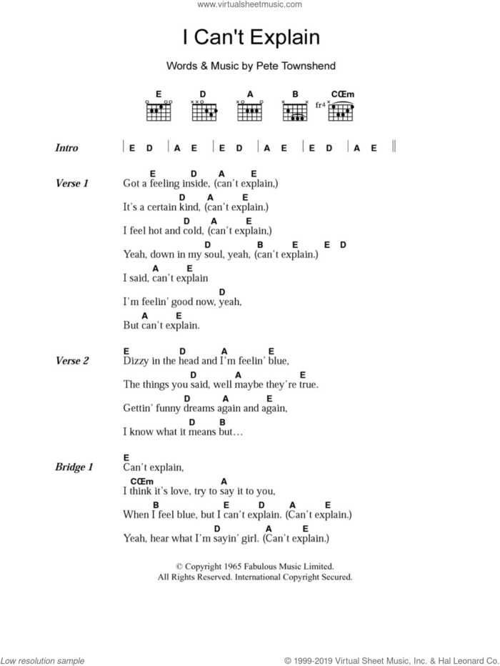 I Can't Explain sheet music for guitar (chords) by The Who and Pete Townshend, intermediate skill level