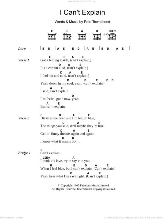 I Can't Explain sheet music for guitar (chords) by The Who and Pete Townshend, intermediate skill level