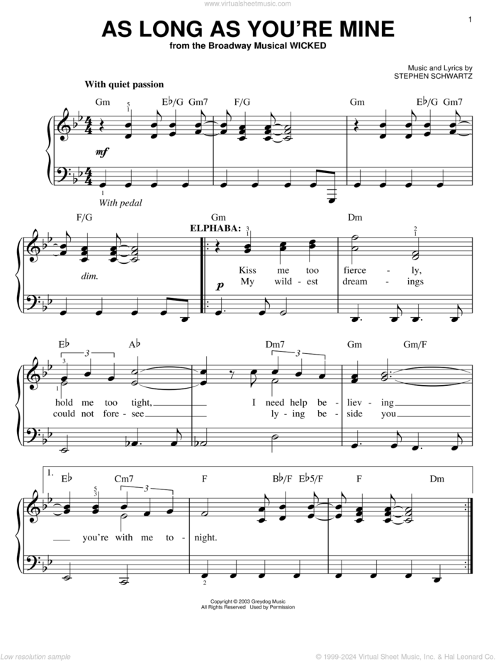 As Long As You're Mine (from Wicked) sheet music for piano solo by Stephen Schwartz and Wicked (Musical), easy skill level
