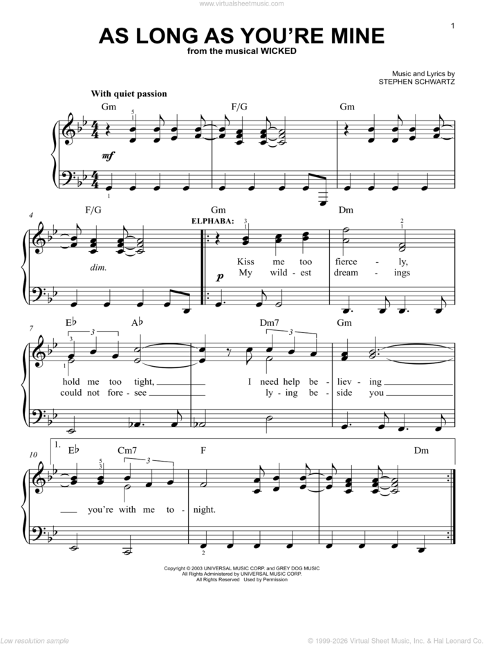 As Long As You're Mine (from Wicked) sheet music for piano solo by Stephen Schwartz and Wicked (Musical), easy skill level