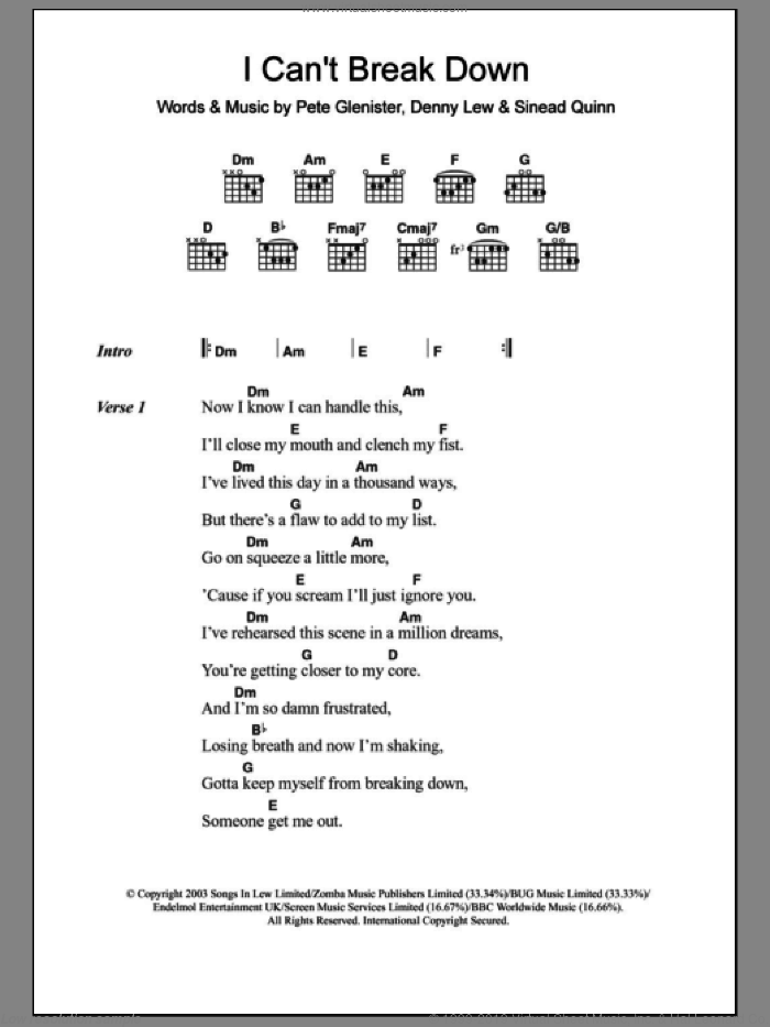I Can't Break Down sheet music for guitar (chords) by Sinead Quinn, Denny Lew and Pete Glenister, intermediate skill level