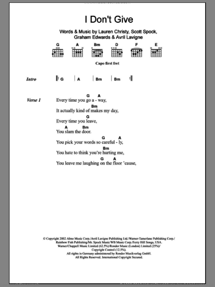I Don't Give sheet music for guitar (chords) by Avril Lavigne, Graham Edwards, Lauren Christy and Scott Spock, intermediate skill level