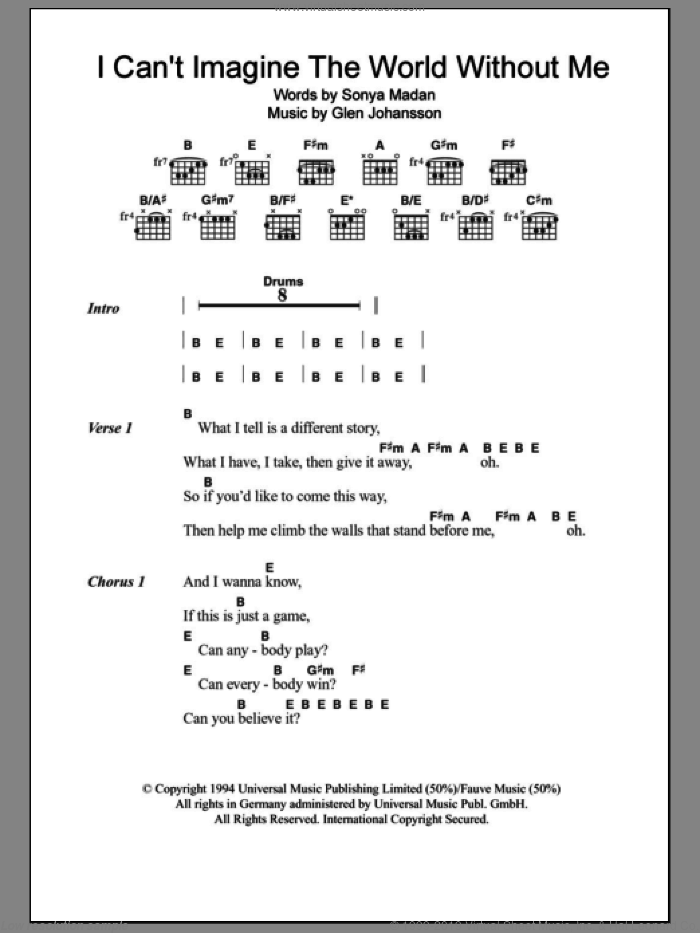 I Can't Imagine The World Without Me sheet music for guitar (chords) by Echobelly, Glen Johansson and Sonya Madan, intermediate skill level
