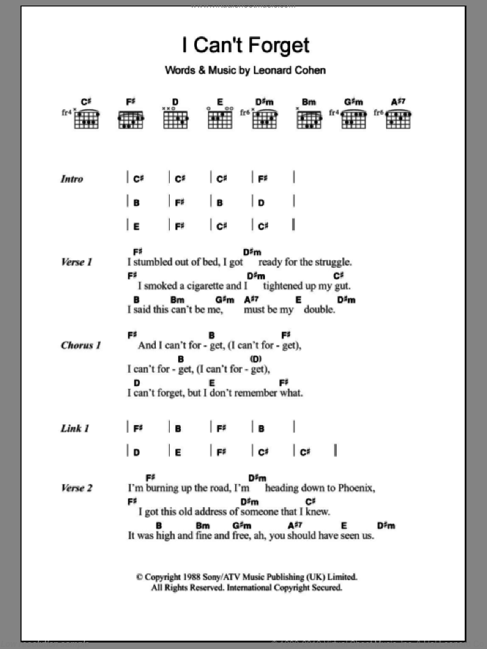 I Can't Forget sheet music for guitar (chords) by Leonard Cohen, intermediate skill level