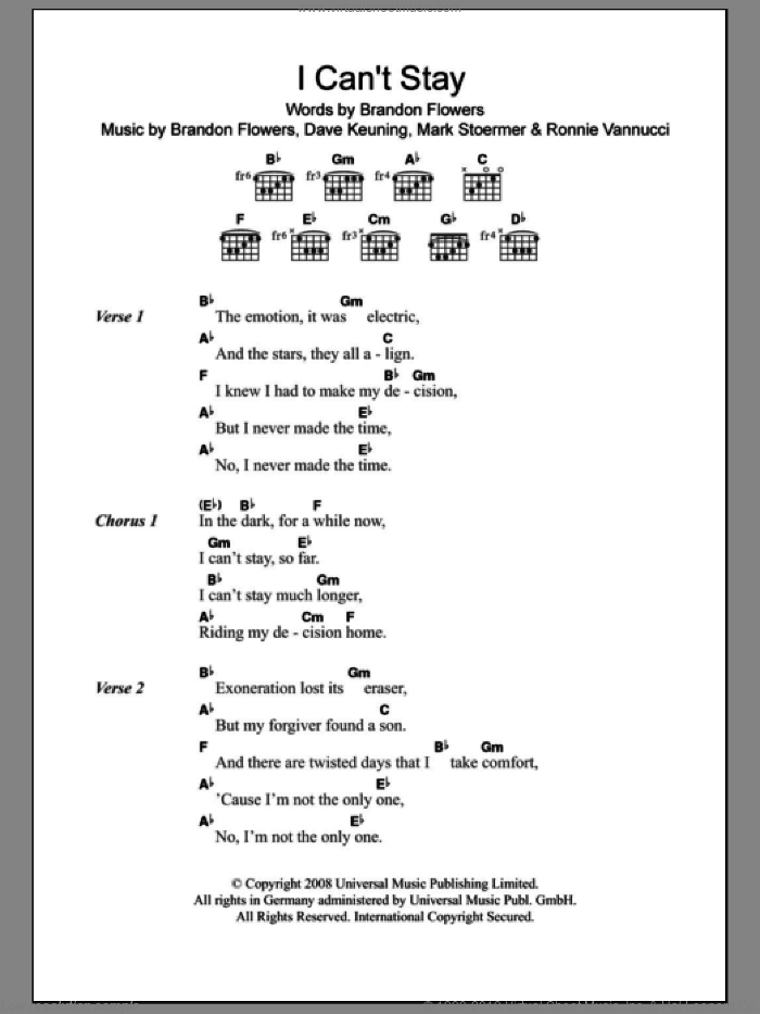 I Can't Stay sheet music for guitar (chords) by The Killers, Brandon Flowers, Dave Keuning, Mark Stoermer and Ronnie Vannucci, intermediate skill level