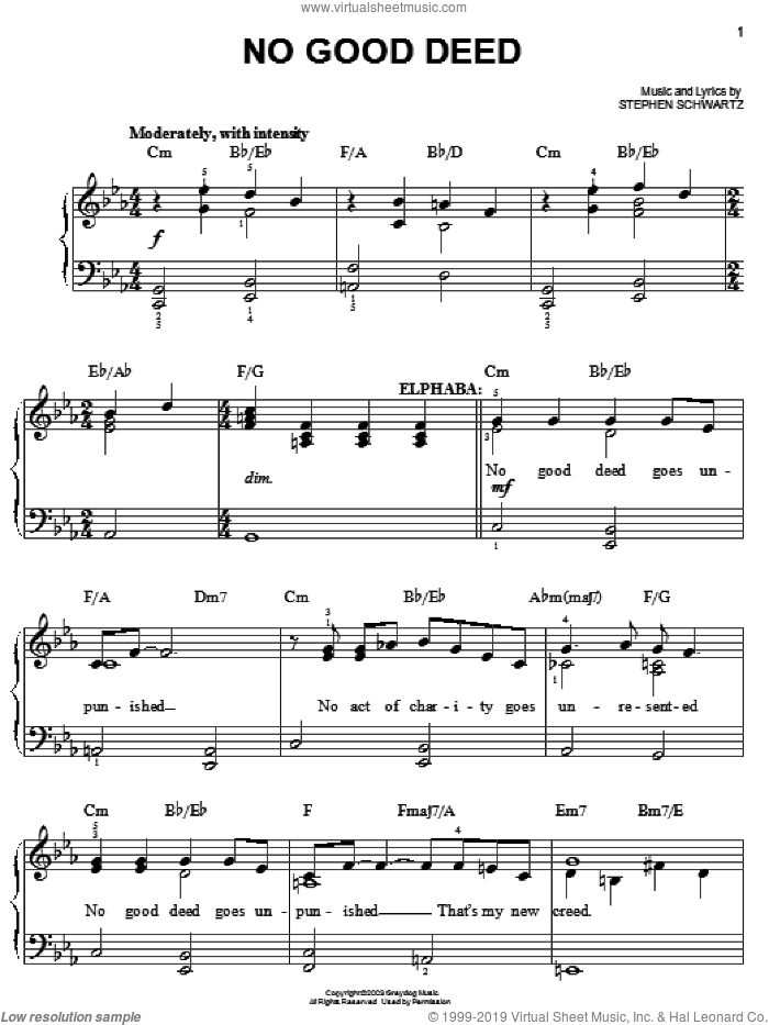 No Good Deed (from Wicked) sheet music for piano solo by Stephen Schwartz and Wicked (Musical), easy skill level