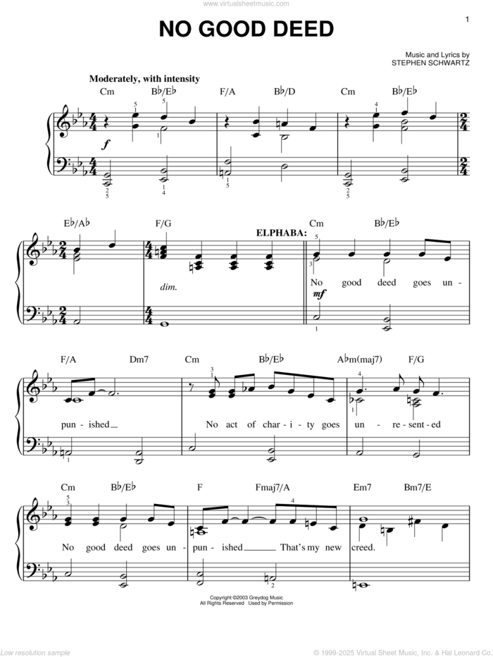 No Good Deed (from Wicked) sheet music for piano solo by Stephen Schwartz and Wicked (Musical), easy skill level