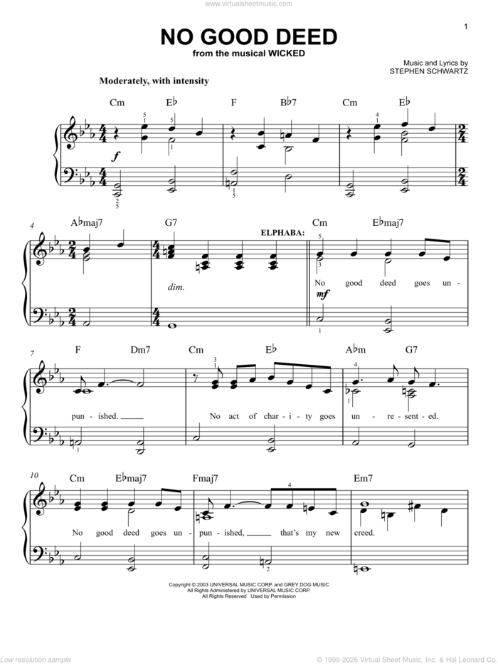 No Good Deed (from Wicked) sheet music for piano solo by Stephen Schwartz and Wicked (Musical), easy skill level