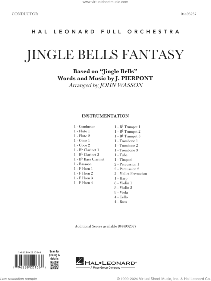 Jingle Bells Fantasy (arr. John Wasson) (COMPLETE) sheet music for full orchestra by James Pierpont and John Wasson, intermediate skill level