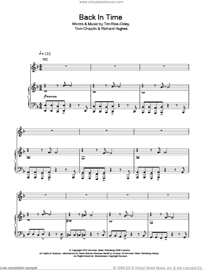 Back In Time sheet music for voice, piano or guitar by Tim Rice-Oxley, Richard Hughes and Tom Chaplin, intermediate skill level