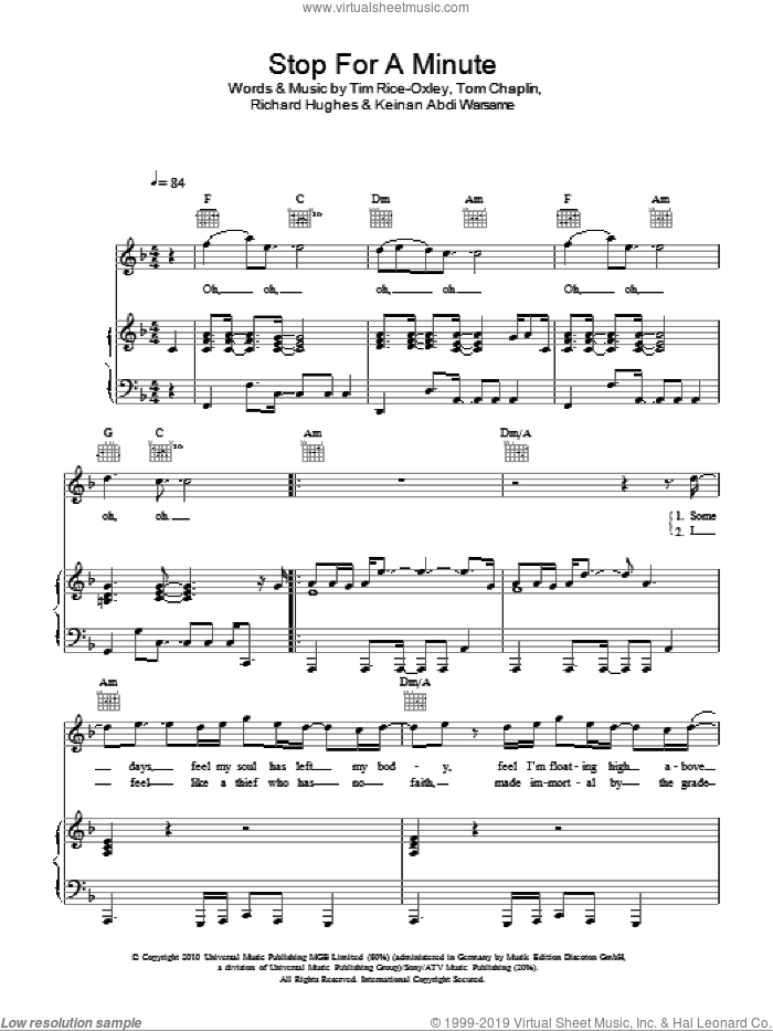 Stop For A Minute sheet music for voice, piano or guitar by Tim Rice-Oxley, Keinan Abdi Warsame, Richard Hughes and Tom Chaplin, intermediate skill level