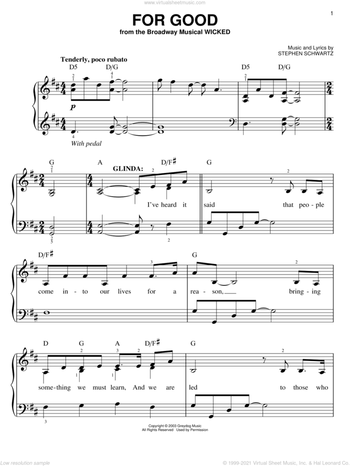 For Good (from Wicked), (easy) sheet music for piano solo by Stephen Schwartz and Wicked (Musical), easy skill level