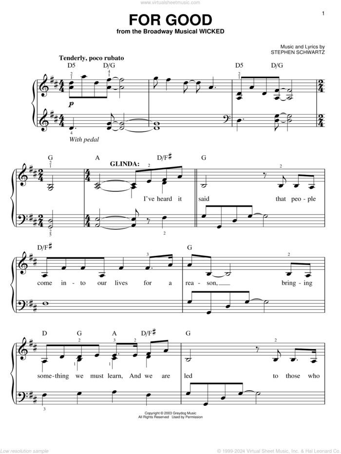 For Good (from Wicked), (easy) sheet music for piano solo by Stephen Schwartz and Wicked (Musical), easy skill level