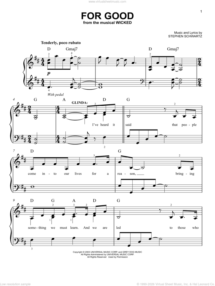 For Good (from Wicked), (easy) sheet music for piano solo by Stephen Schwartz and Wicked (Musical), easy skill level