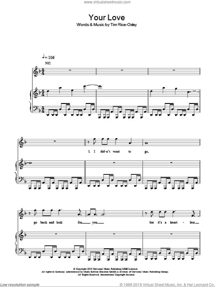 Your Love sheet music for voice, piano or guitar by Tim Rice-Oxley, intermediate skill level