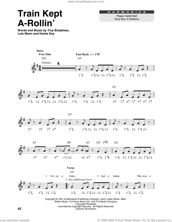 Train Kept A-Rollin' sheet music for harmonica solo by Aerosmith, Johnny Burnett, Yardbirds, Howie Kay, Lois Mann and Tiny Bradshaw, intermediate skill level