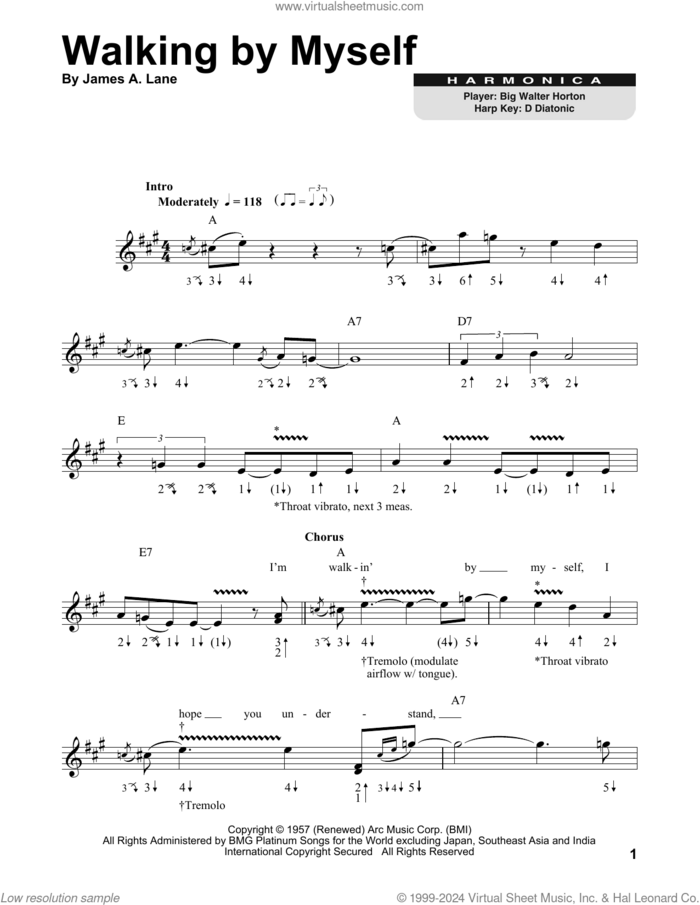 Walking By Myself sheet music for harmonica solo by Jimmy Rogers and James A. Lane, intermediate skill level