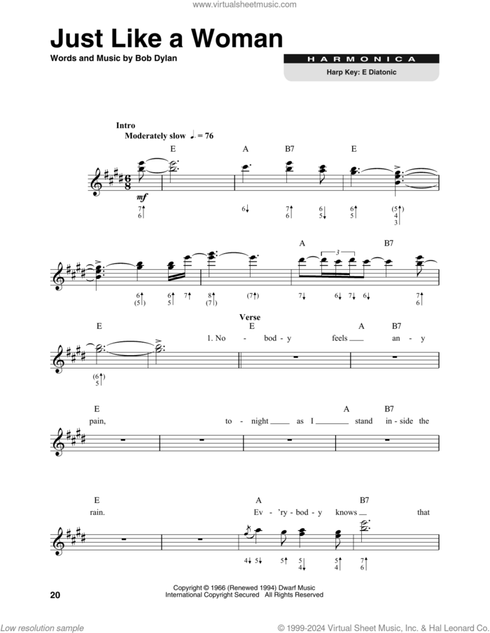 Just Like A Woman sheet music for harmonica solo by Bob Dylan, intermediate skill level