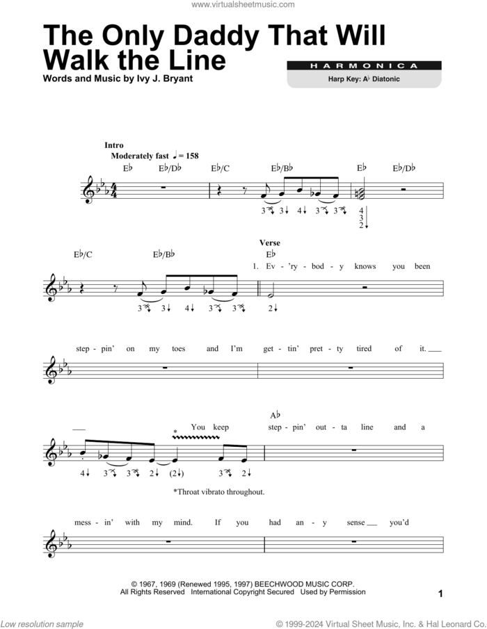 The Only Daddy That Will Walk The Line sheet music for harmonica solo by Waylon Jennings and Ivy J. Bryant, intermediate skill level