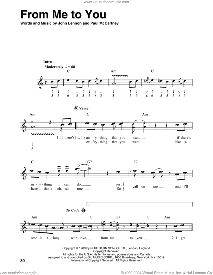 From Me To You sheet music for harmonica solo by The Beatles, John Lennon and Paul McCartney, intermediate skill level