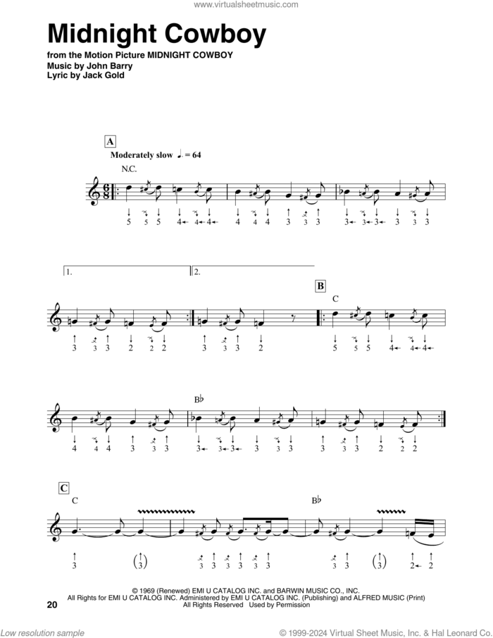 Midnight Cowboy sheet music for harmonica solo by John Barry and Jack Gold, intermediate skill level